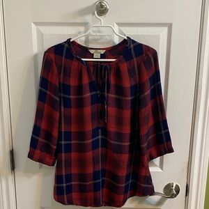 Bob Timberlake Plaid Soft Flowy Tie Neck Red Blue Blouse Top Womens Size Medium